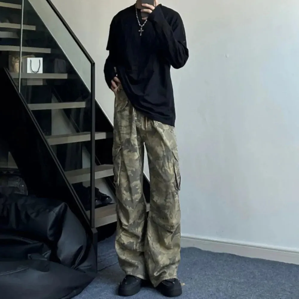 Aidase Mens Y2k American Retro Pocket Camouflage Straight Pants Genderless Trendy Hip-Hop Workwear Style Loose Wide-Leg Pants Unisex