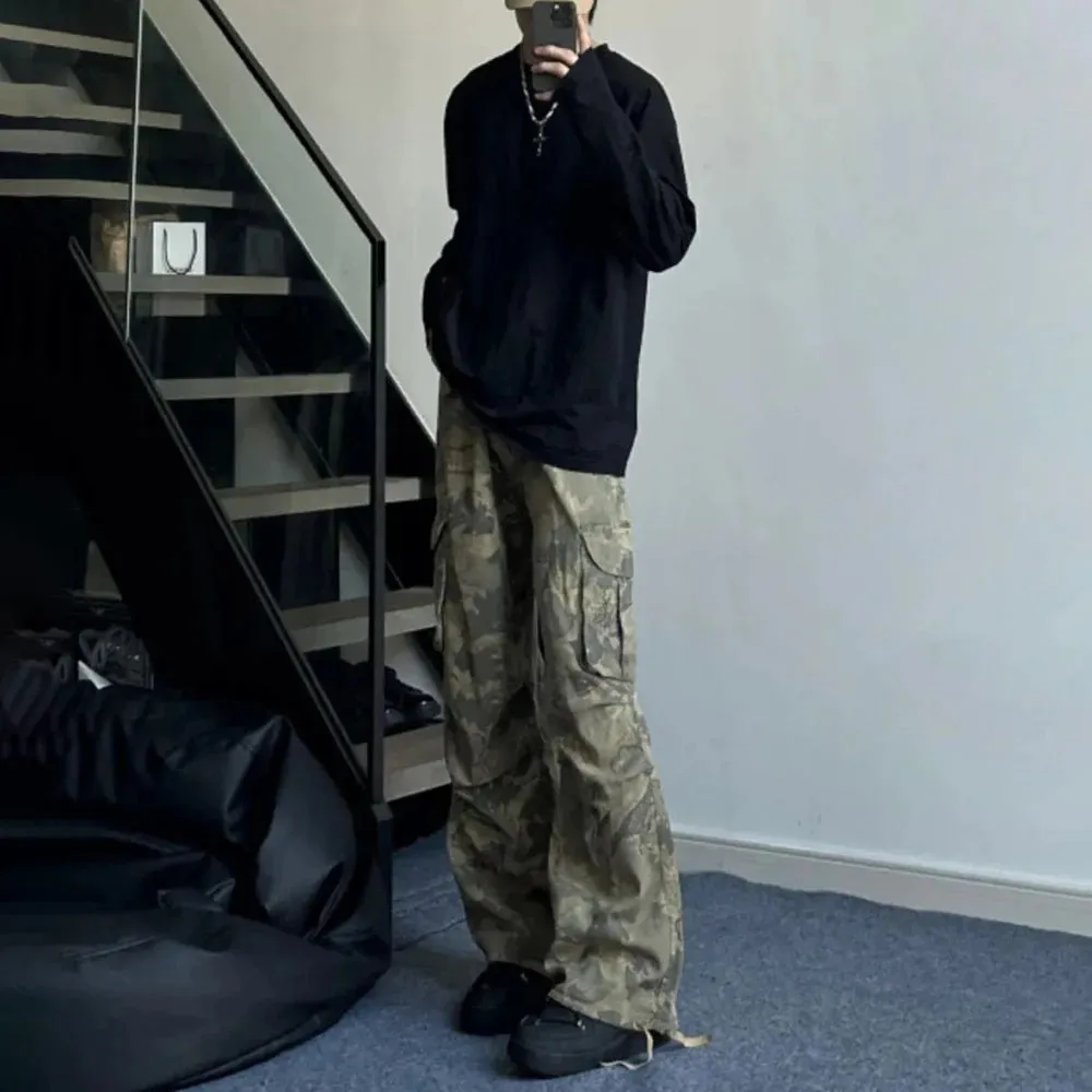 Aidase Mens Y2k American Retro Pocket Camouflage Straight Pants Genderless Trendy Hip-Hop Workwear Style Loose Wide-Leg Pants Unisex