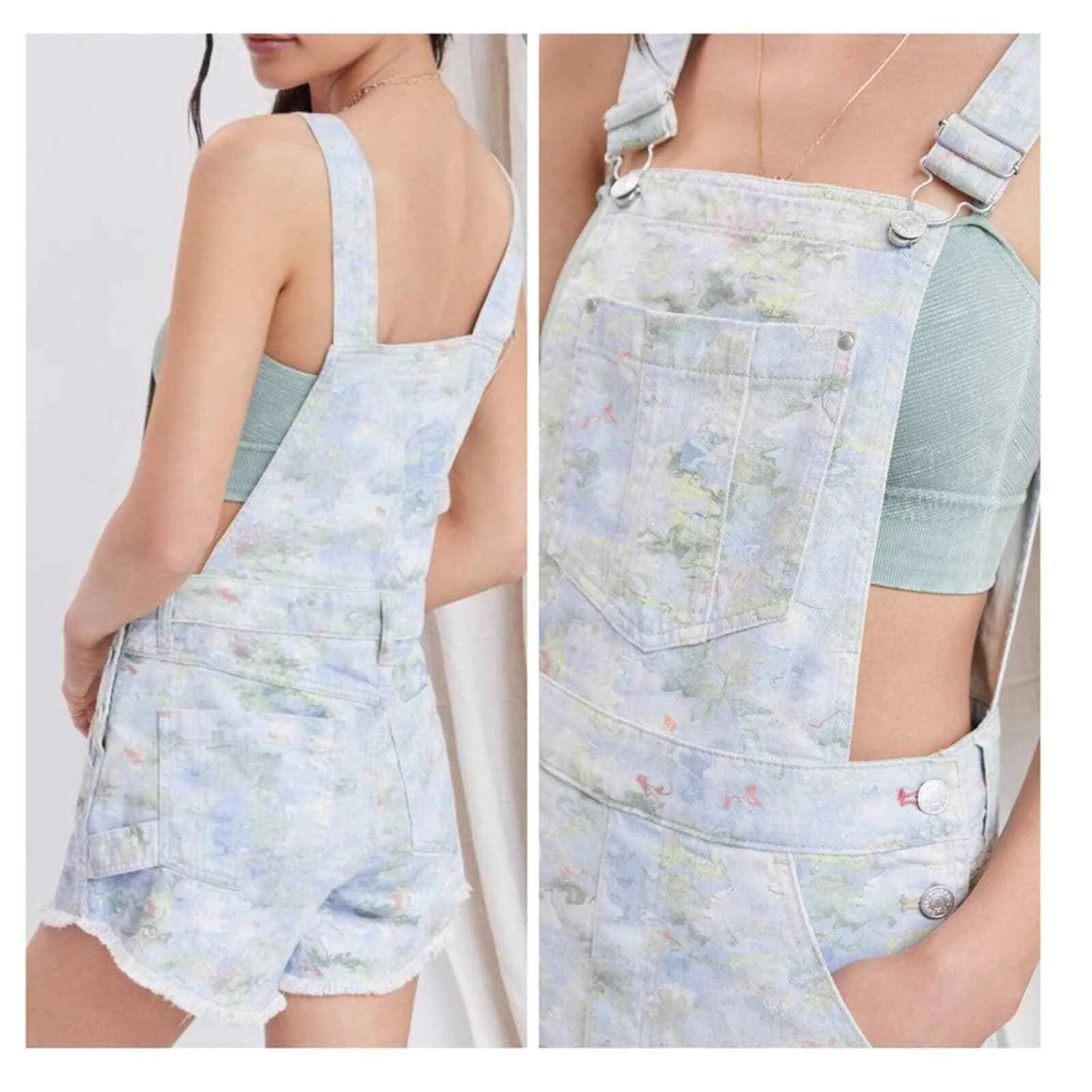 Anthropologie Pilcro Cut-Off Short Overalls Size 32 Denim Watercolor NEW