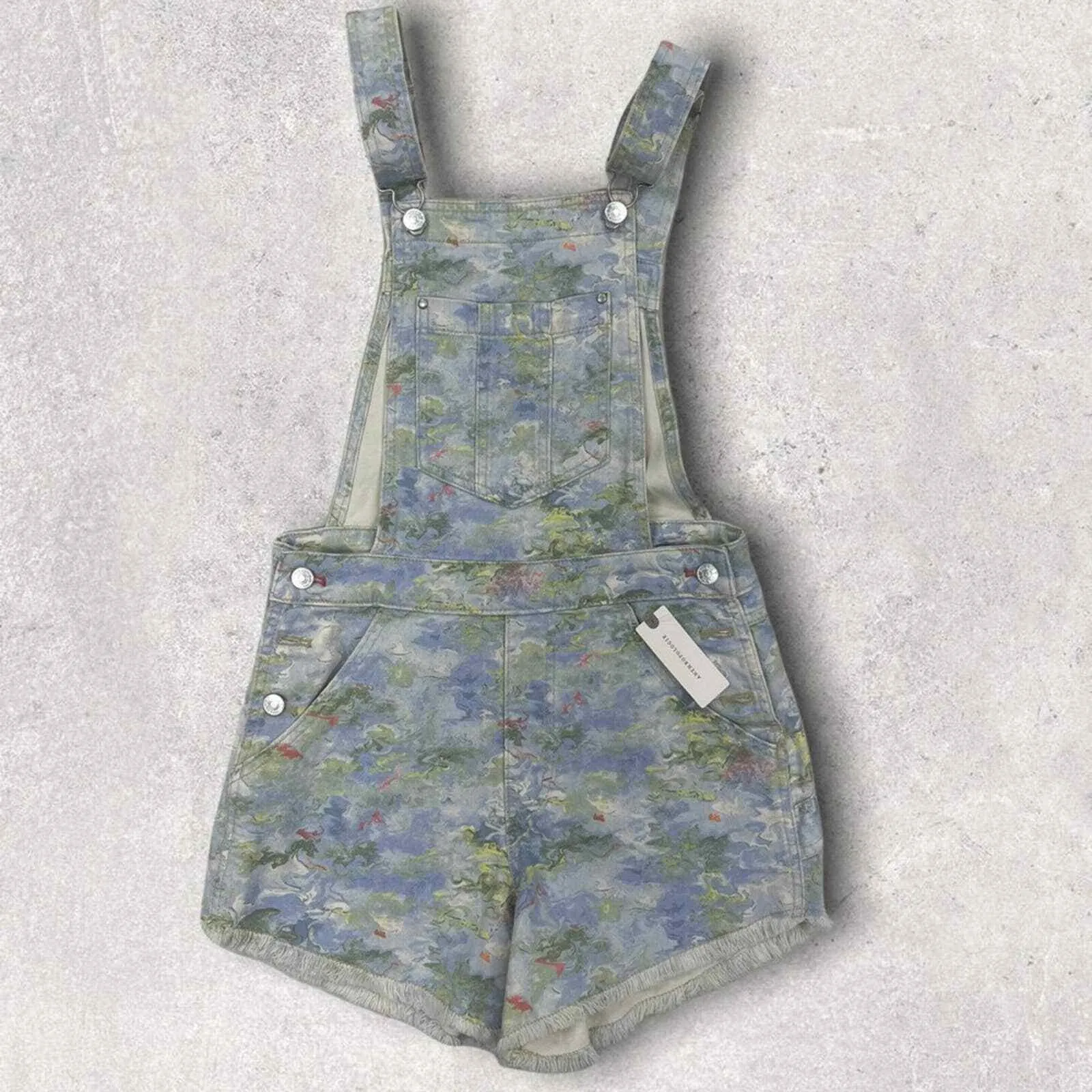Anthropologie Pilcro Cut-Off Short Overalls Size 32 Denim Watercolor NEW