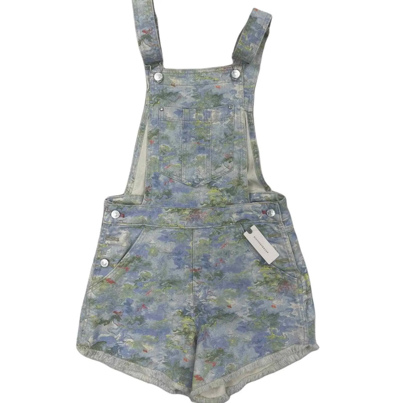Anthropologie Pilcro Cut-Off Short Overalls Size 32 Denim Watercolor NEW