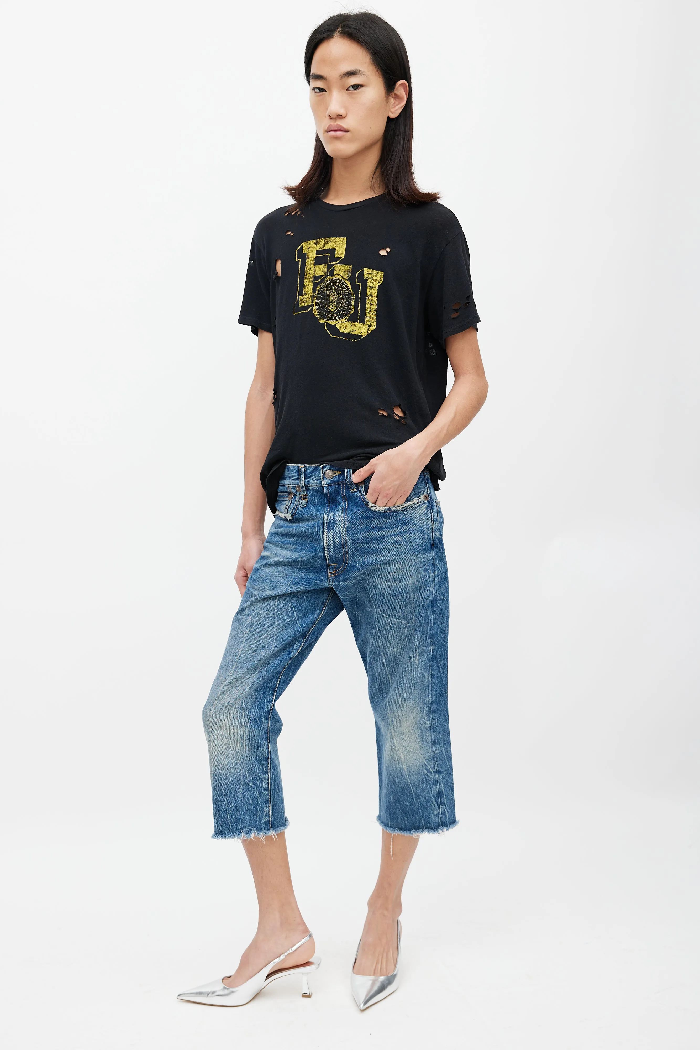 Blue Distressed Denim Capri
