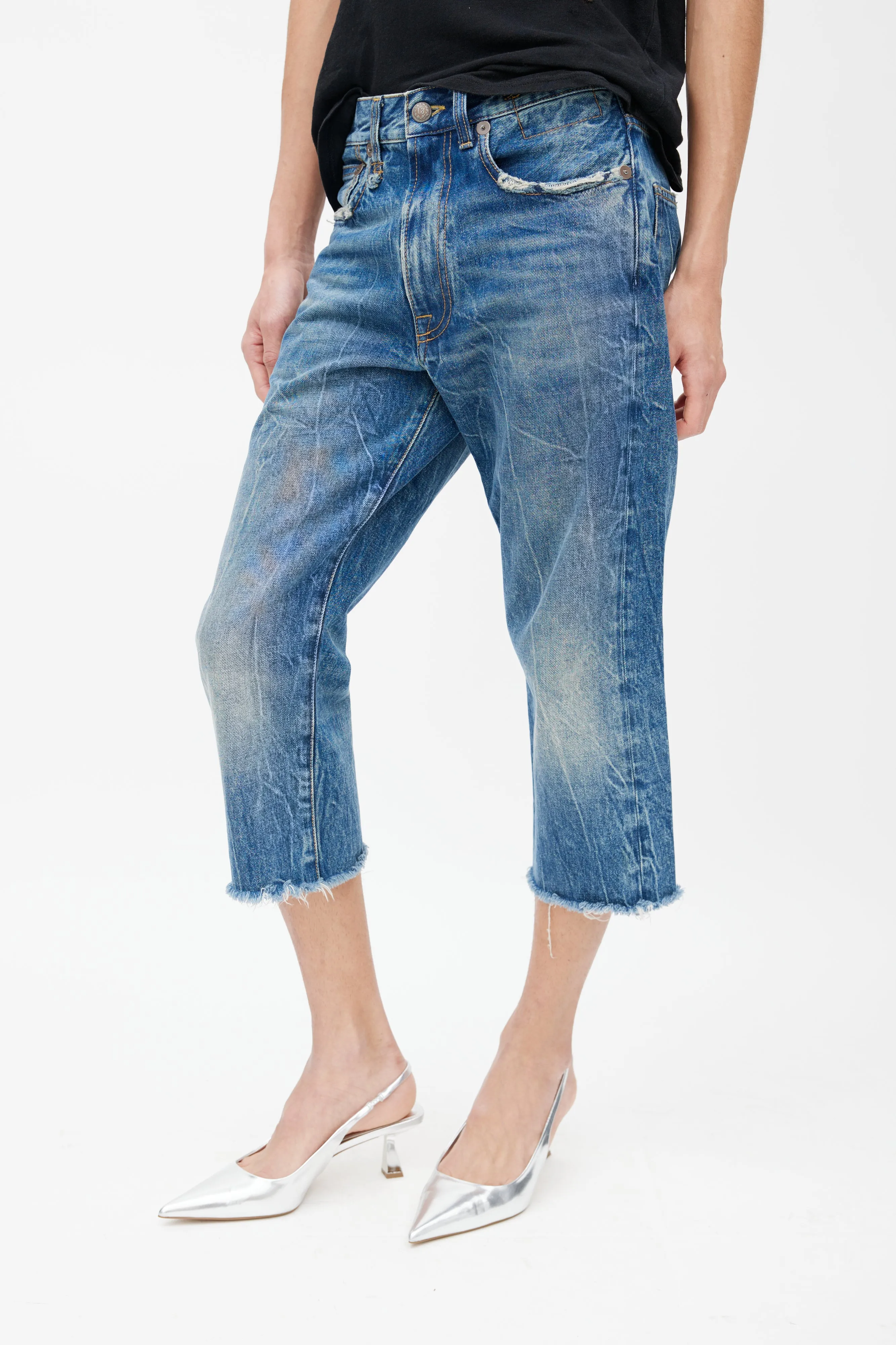 Blue Distressed Denim Capri