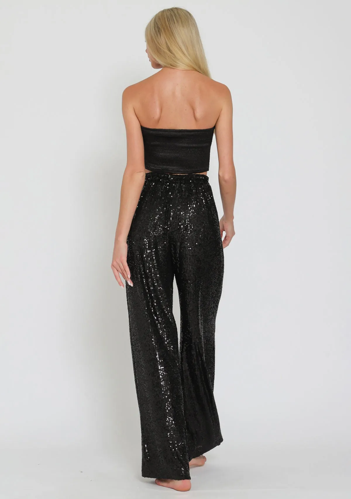 Elastic Back Waisted Sequin Long Pants Black