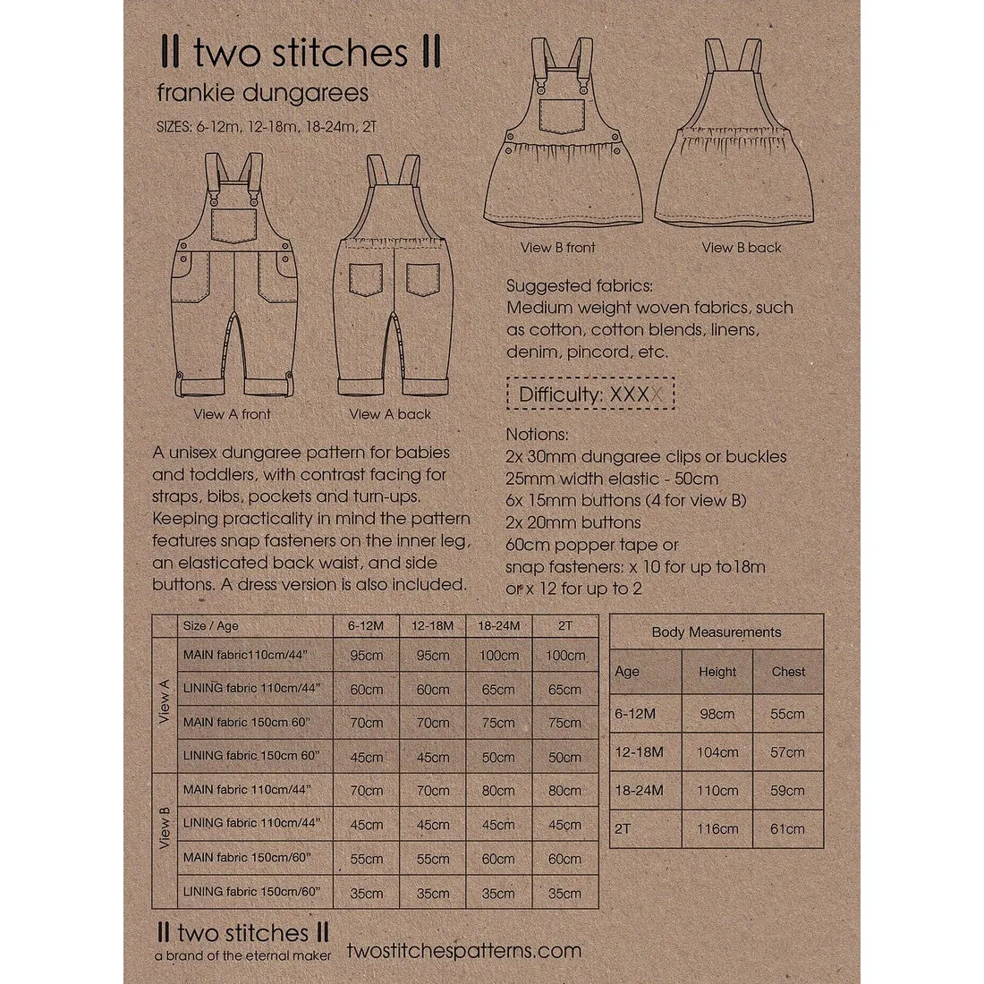 Kids Pattern: Frankie Dungarees & Dress (6mo - 2yrs)