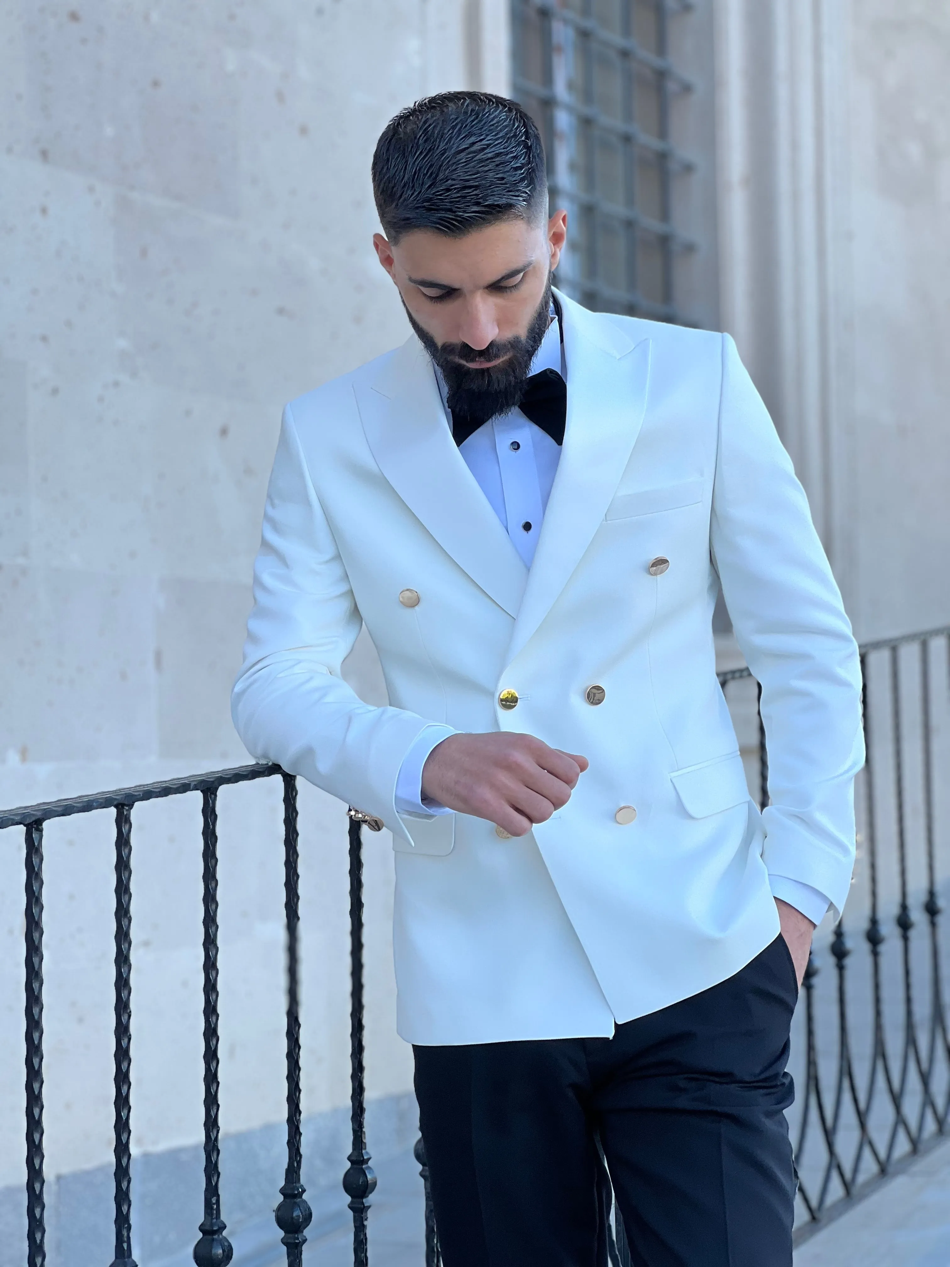 Men's Off-White Double Breasted Tuxedo with Gold Buttons and Peak Lapel | Elegant Formal Wear
