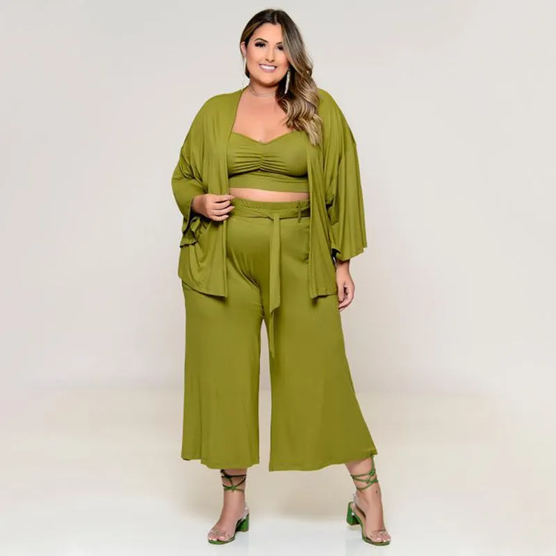 Plus Size Women Clothes Exclusive for Vest Medium Long Trousers Fashion Casual Jacket Solid Color Three-Piece Set
