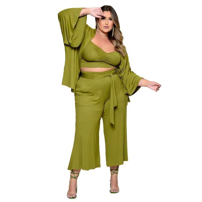 Plus Size Women Clothes Exclusive for Vest Medium Long Trousers Fashion Casual Jacket Solid Color Three-Piece Set