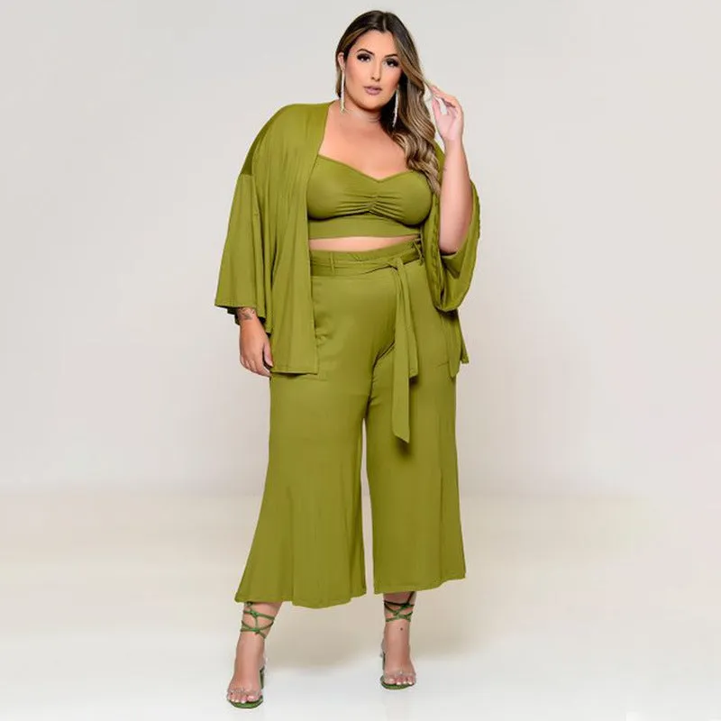 Plus Size Women Clothes Exclusive for Vest Medium Long Trousers Fashion Casual Jacket Solid Color Three-Piece Set