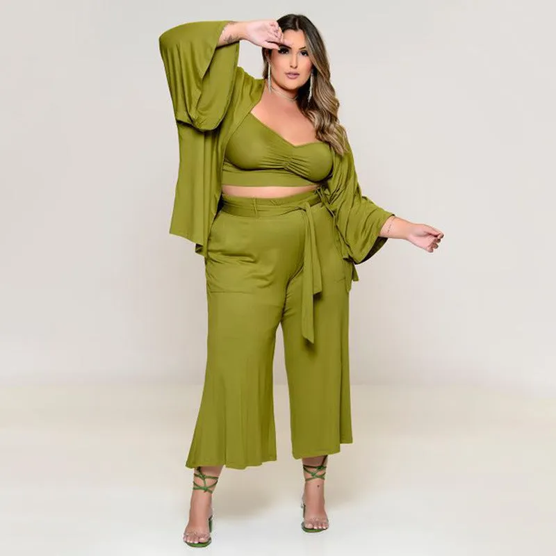 Plus Size Women Clothes Exclusive for Vest Medium Long Trousers Fashion Casual Jacket Solid Color Three-Piece Set