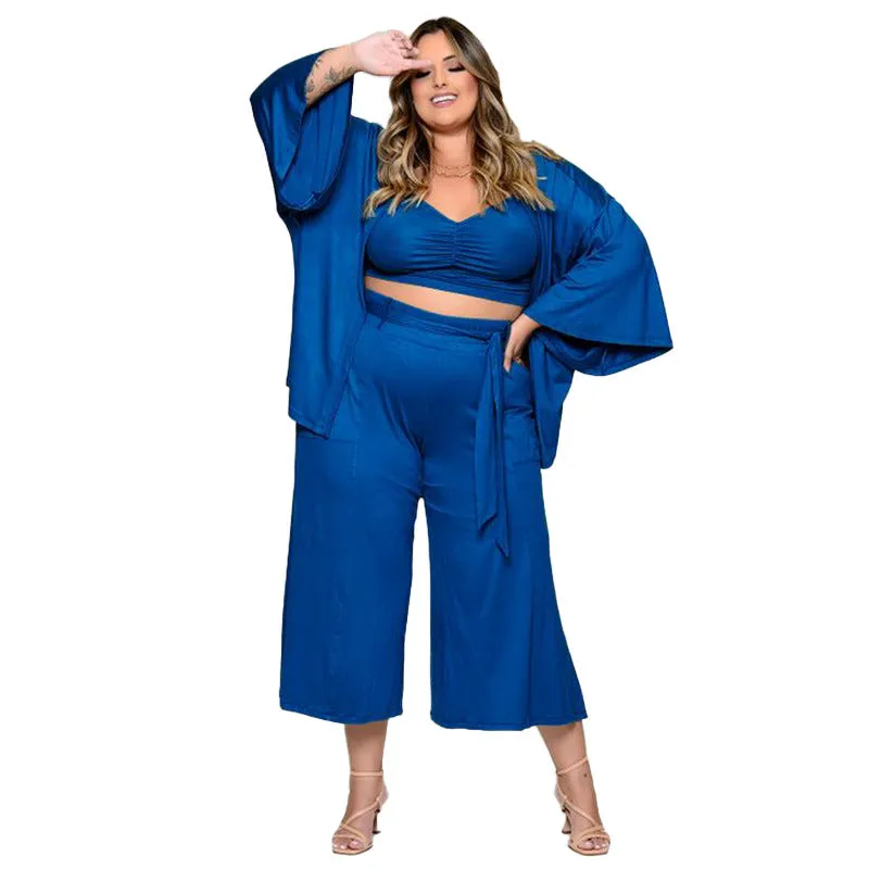 Plus Size Women Clothes Exclusive for Vest Medium Long Trousers Fashion Casual Jacket Solid Color Three-Piece Set