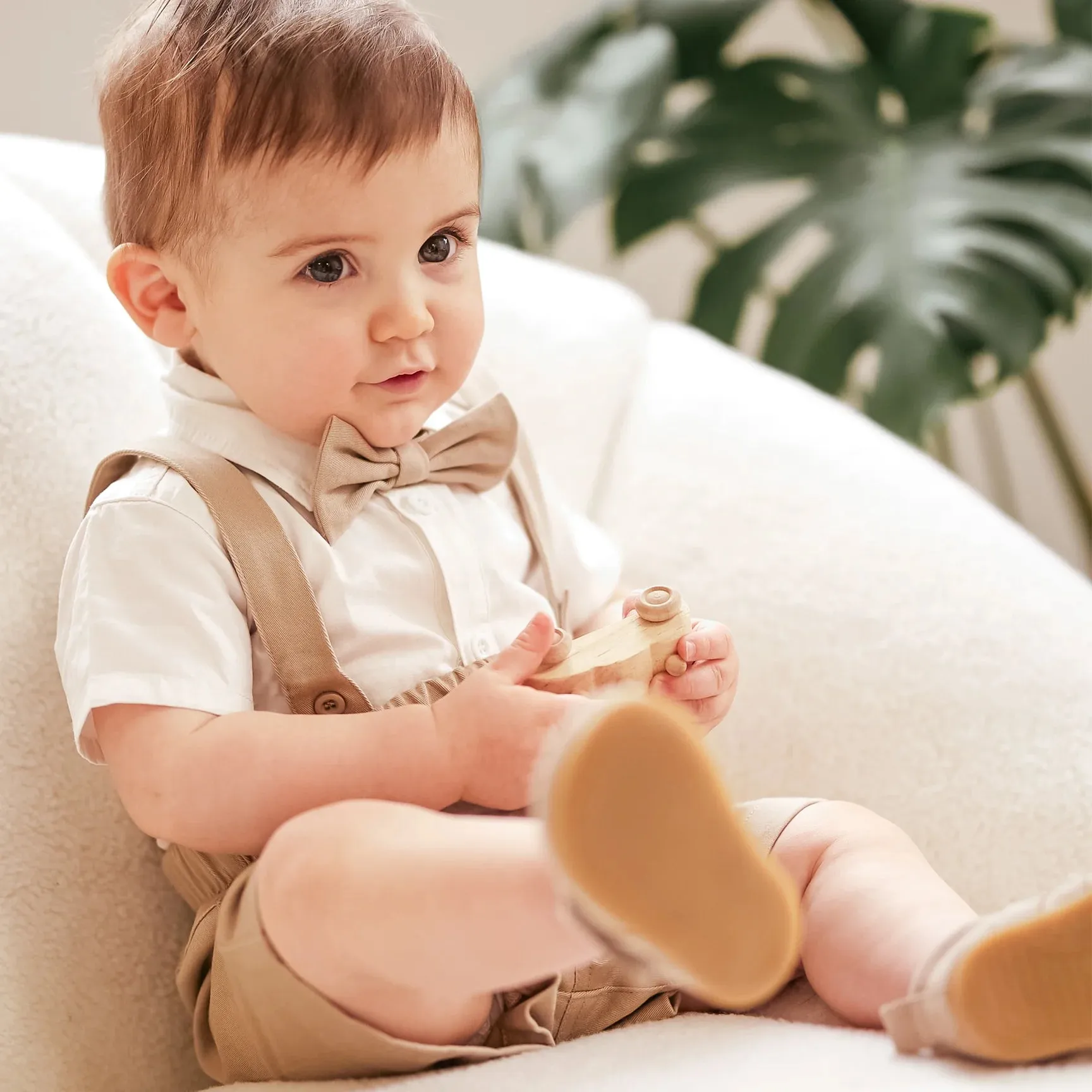 Poplin Shirt & Suspender Shorts Set with Bowtie