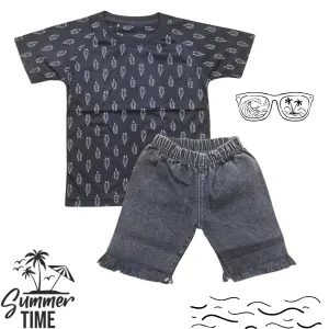 Super Kid - T-Shirt & Denim Shorts - Leaves