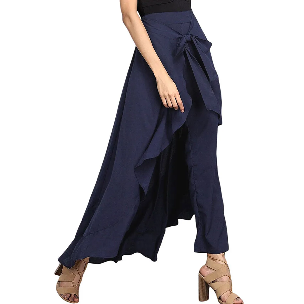 Women Ruffle Palazzo Pants High Waist Causal Drawstring Trouser Elegant Irregular Hem Pant Summer Loose Solid Female Pant Skirt