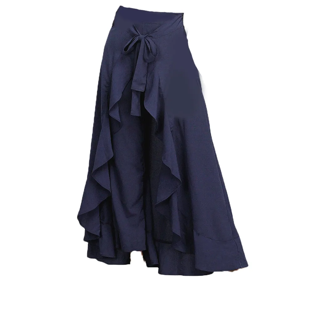 Women Ruffle Palazzo Pants High Waist Causal Drawstring Trouser Elegant Irregular Hem Pant Summer Loose Solid Female Pant Skirt