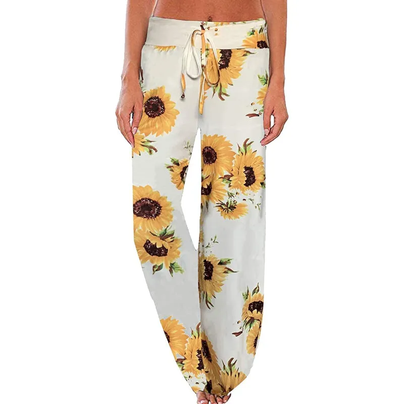 Women's Floral Print High Waist Drawstring Wide Leg Pants